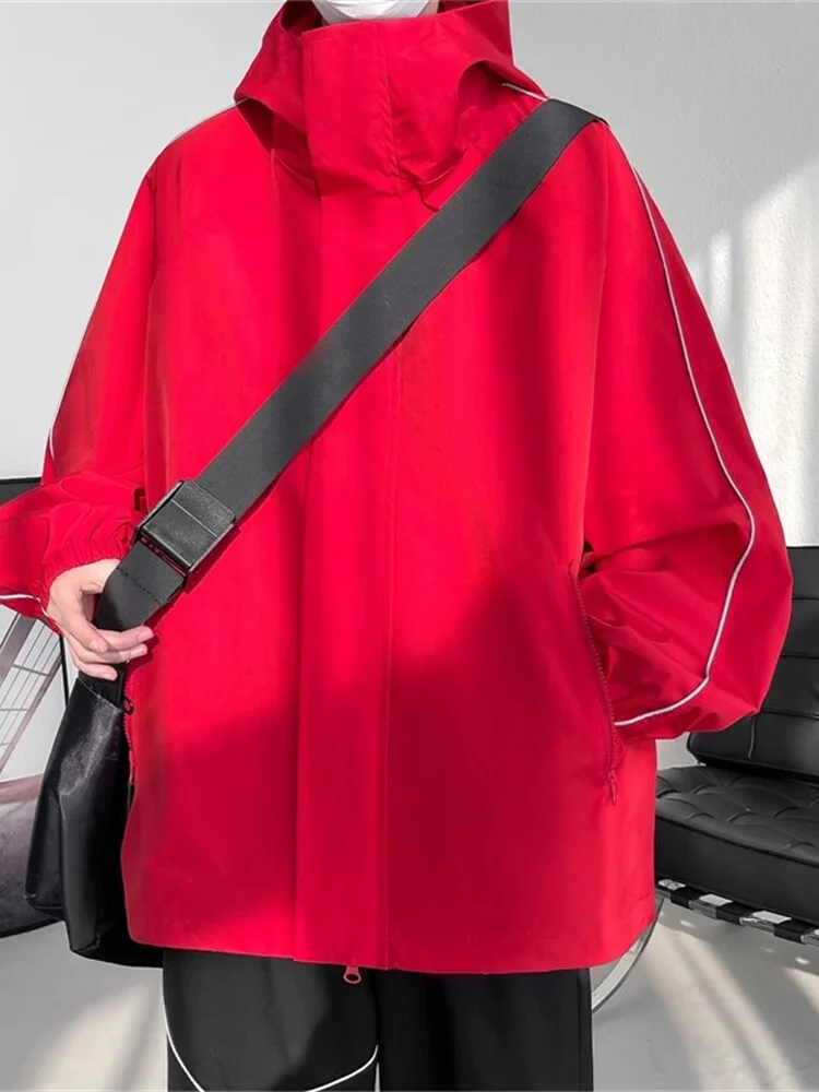 

Мужская уличная куртка с отражающими полосами, с капюшоном, в американском стиле, функциональная, ветрозащитная, весенне-осенняя, красная, повседневная, модная