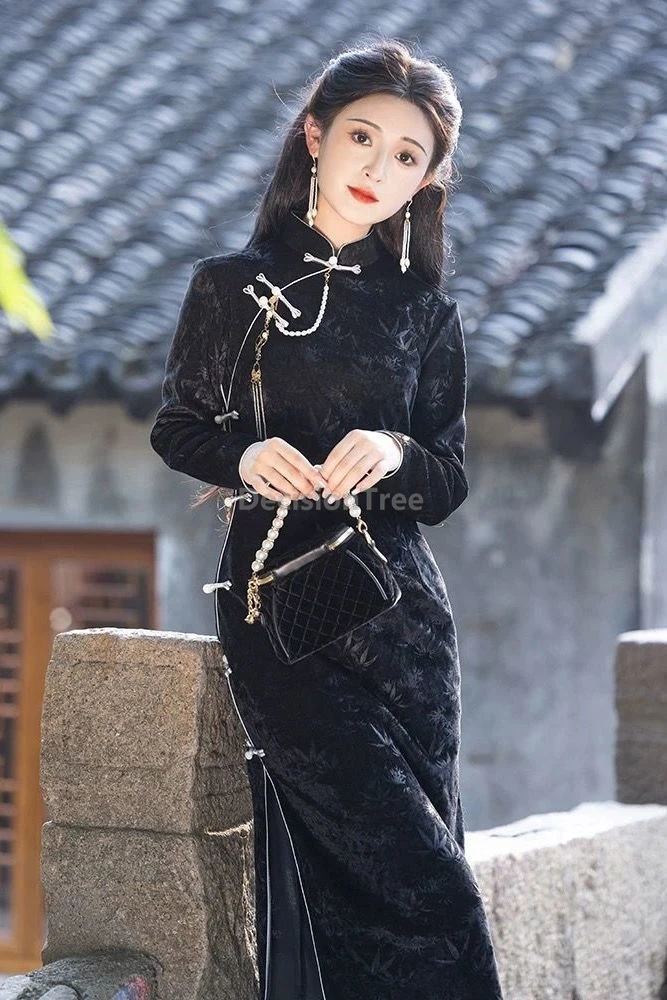 

2025 improved long sleeved autumn qipao youth temperament women's elegant daily chinese qipao vintage literature art cheongsam