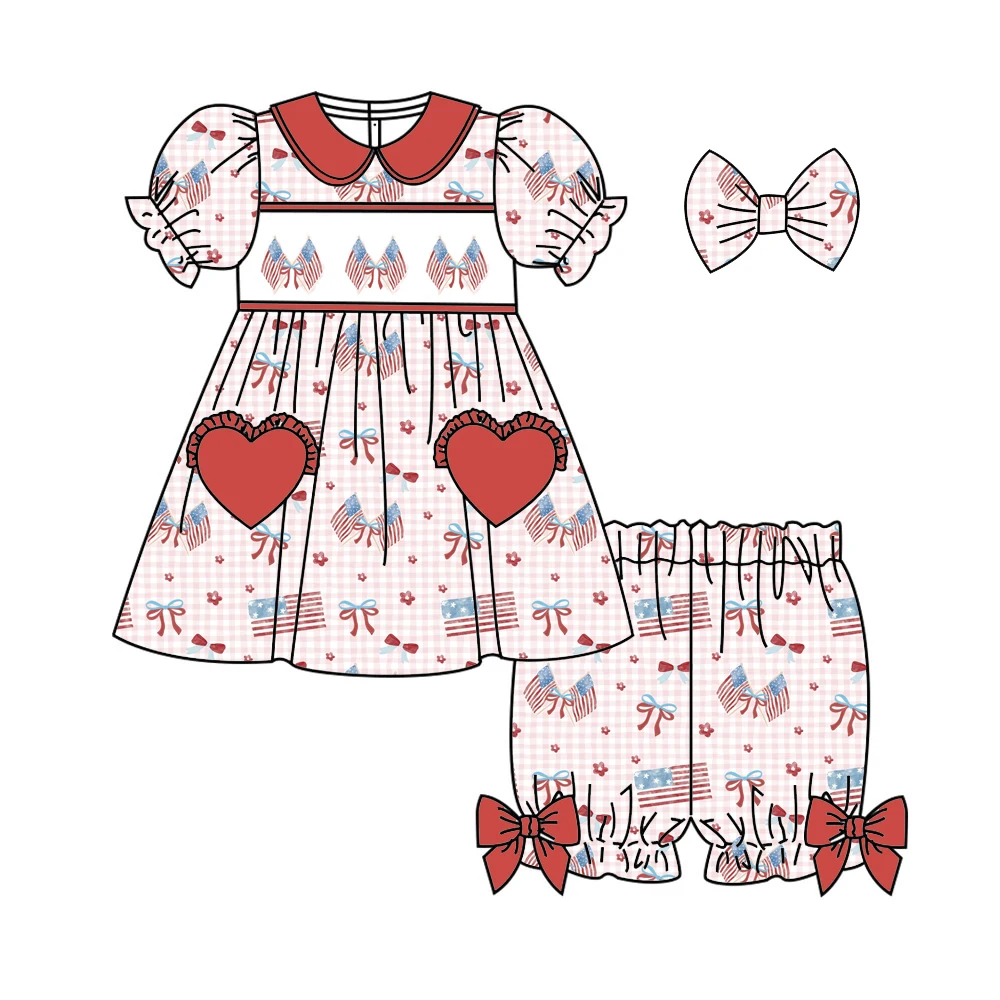 July 4th Independence Day Flag and Watermelon Print Girls' Summer Short-Sleeve Shorts Boutique Pajamas Set