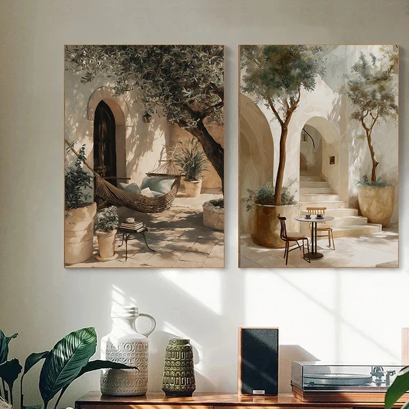 Pósteres de paisaje mediterráneo con hamaca de patio, impresiones de palmeras costeras, pintura en lienzo, imagen artística d