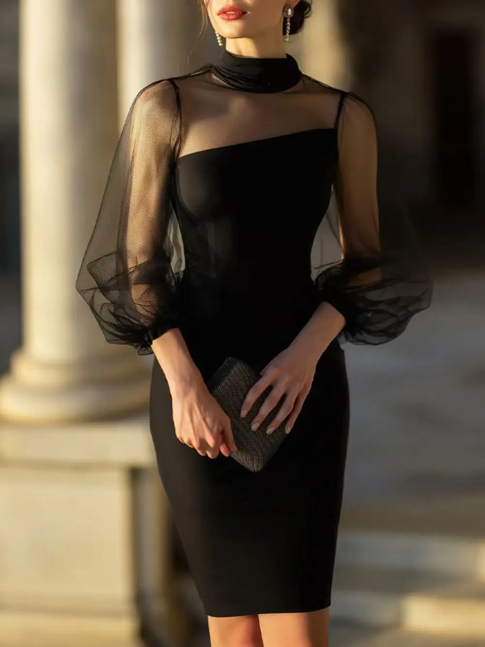Modische Patchwork-Kleider für Damen, schmal geschnitten, mit Schlitz, Stehkragen, figurbetontes Kleid, Damenkleid, Sommerkleid für Damen – Detail 9