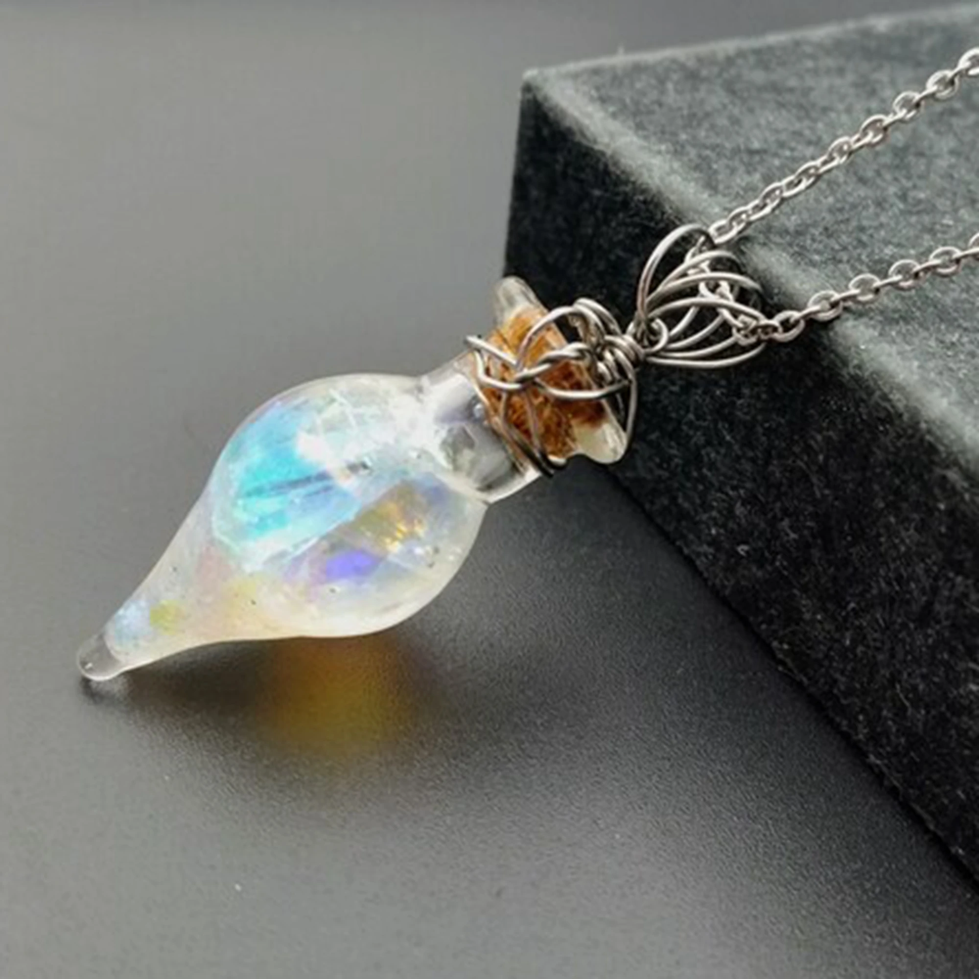 Phoenix Tears Rainbow Aurora Amphora Vial Necklace wrapped Imitation Floating Opal