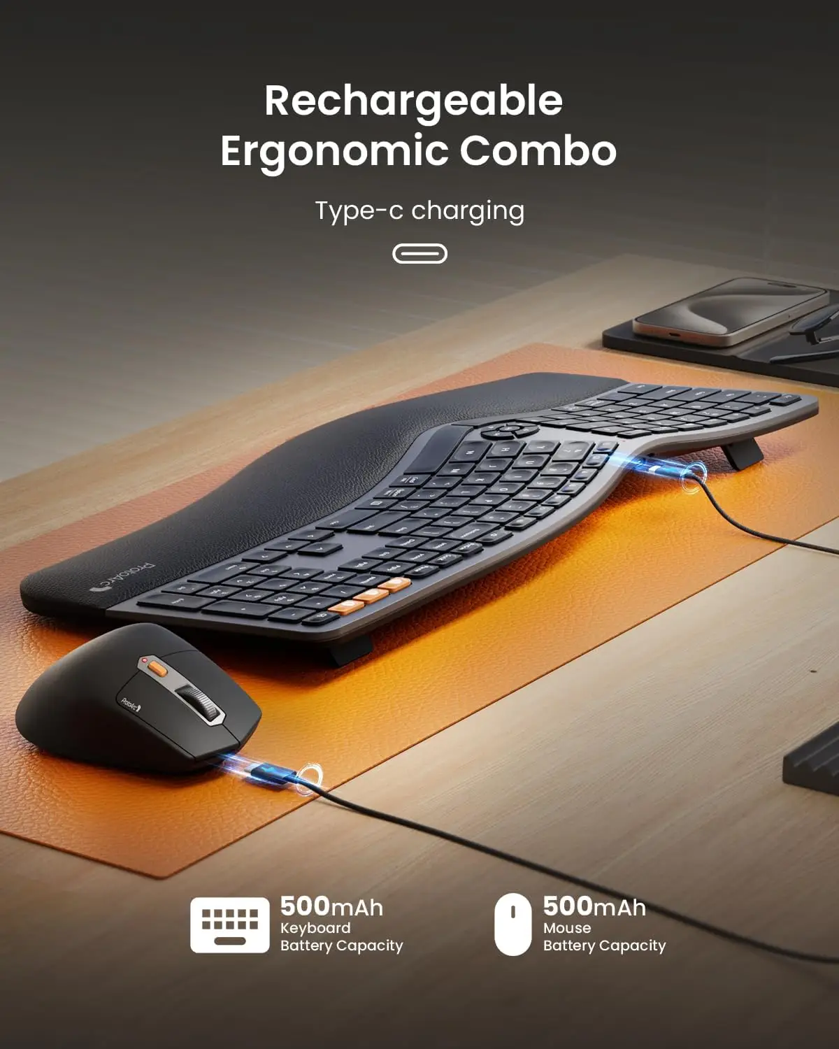 Protoarc EKM01 Bluetooth Wireless keyboard and Mouse Combo Split Ergonomic Keyboards Rechargeable Mice for Windows Mac Android ﻿