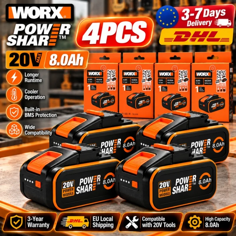 100% Original Worx 20V 8.0Ah Lithium Battery Rechargeable WA3553 WA3551 WA3553.1 WA3570 for All WORX Electric and Garden Tools