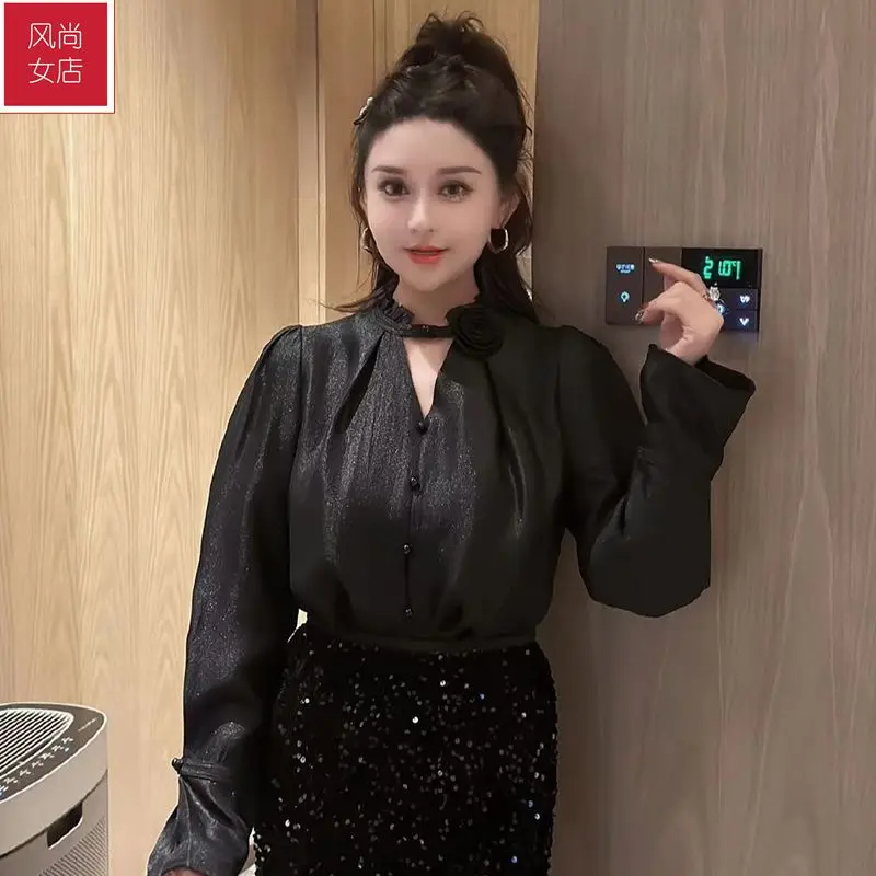 French Chic and Beautiful Winter New Style Loose and Luxurious Retro Solid Color Versatile Slimming Long Sleeved Shirt for Women
