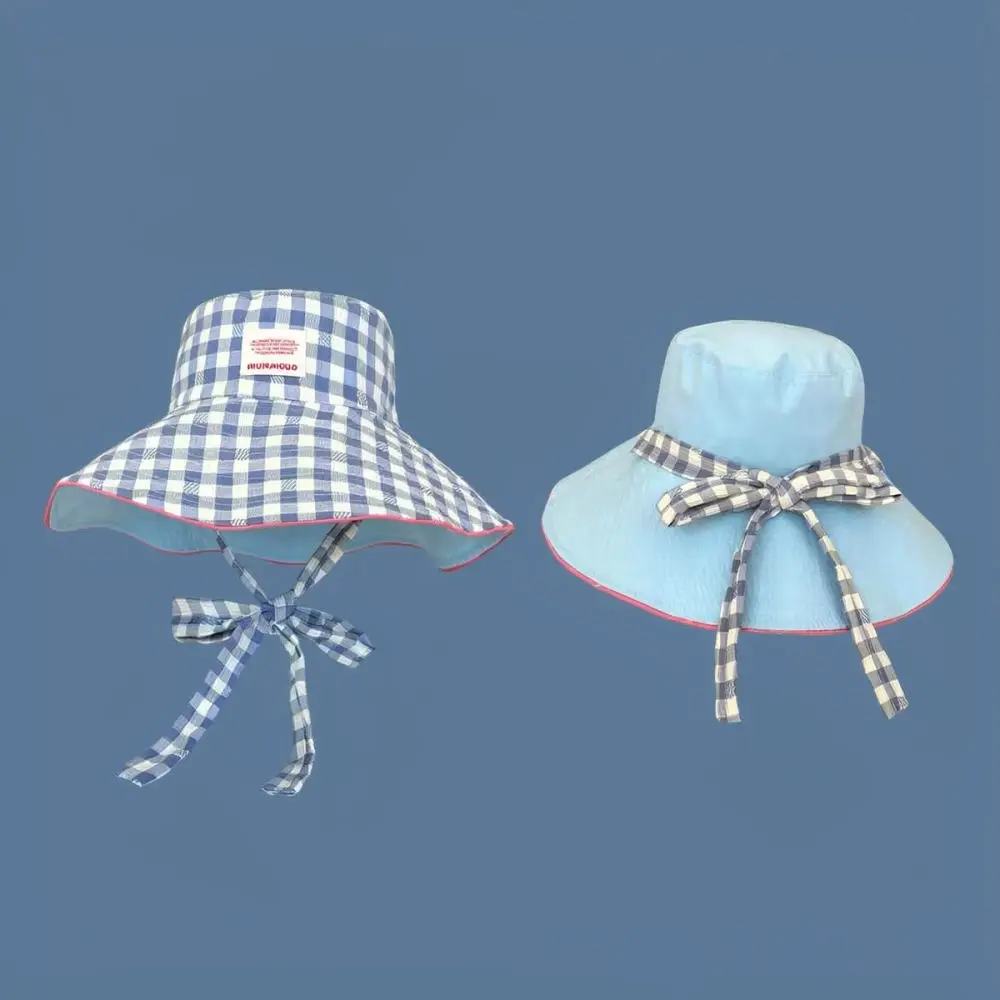 Summer Outdoor Fisherman Hat Women Wide Brim Reversible Plaid Sun Protection Cap Breathable Foldable Beach Travel Bonnet