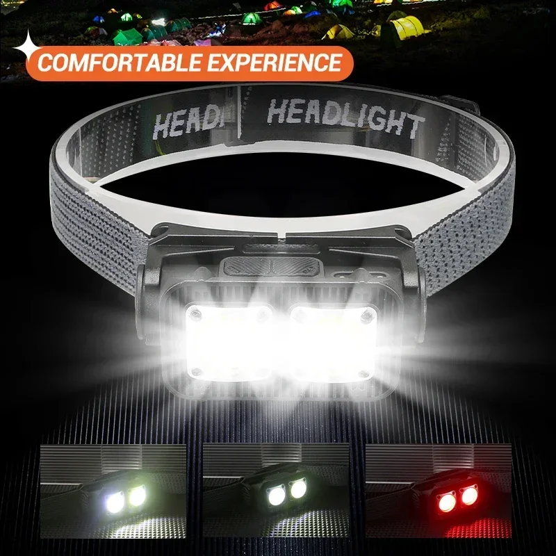 Intelligent Induction COB Headlight Red Light Warning LED Light Portable Headlamp USB Rechargeable Head Lamp Waterproof