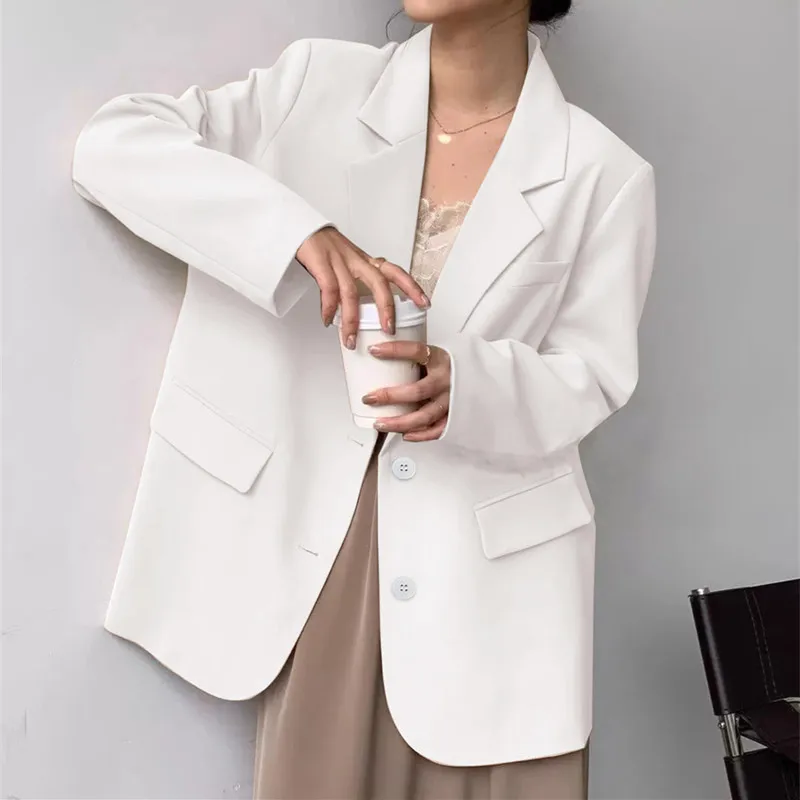 Formal Loose Casual Blazer Office Lady Long Sleeve White Elegant Business Suit Coat Korean Classic Luxury Oversized 70kg Outwear