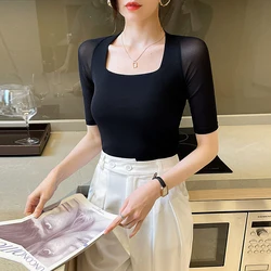 Y2k Elastic Knitting Female Blouses Mesh Fabric T-Shirt S-2XL Women Solid Spring Summer Square Collar Half Sleeve Tee Red Black
