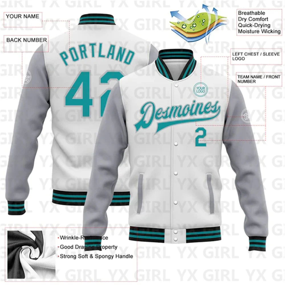 Custom White Teal Gray-Black Bomber Full-Snap Varsity Letterman Two Tone Jacket 3D Baseball Button Jacket