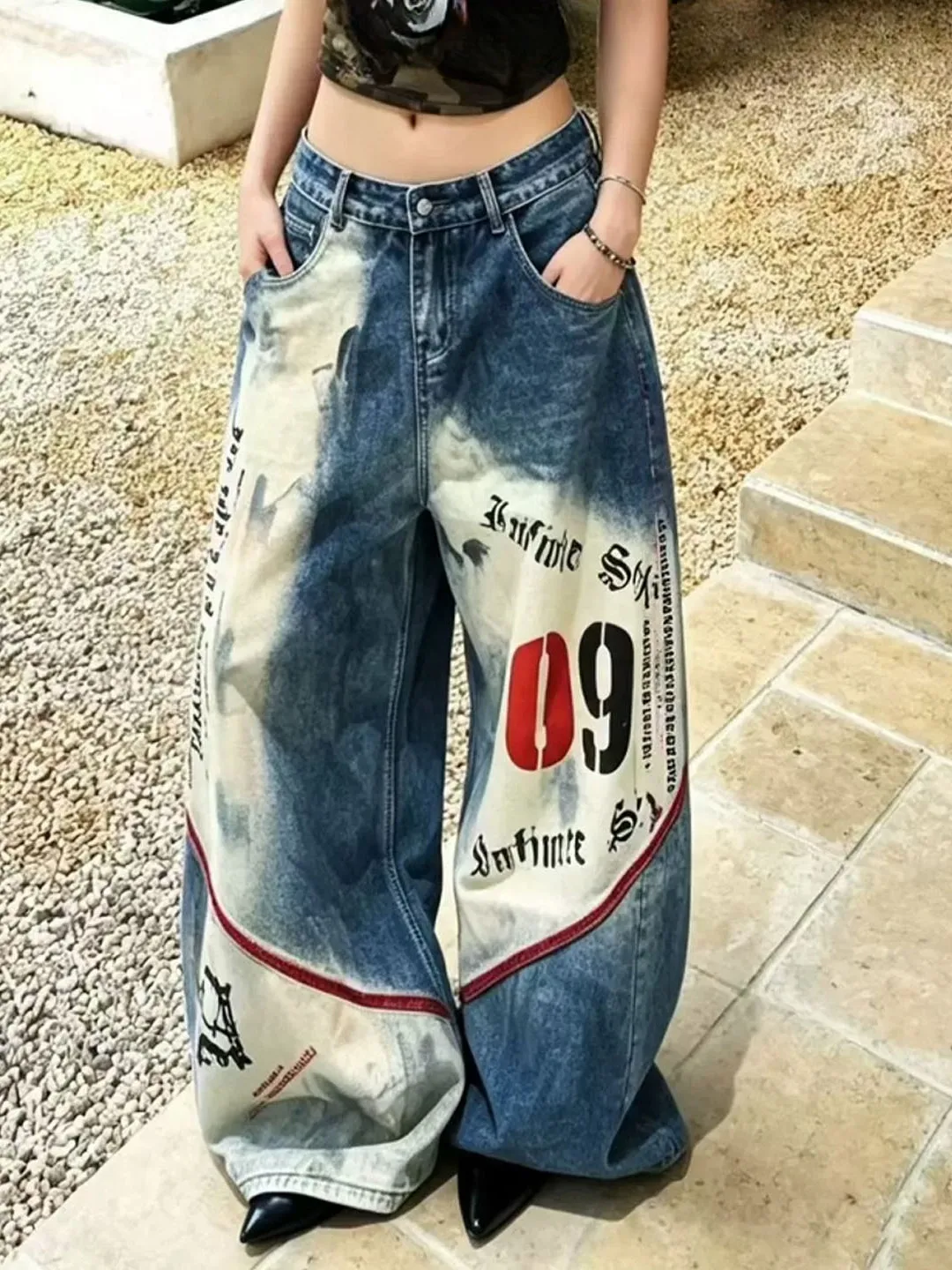 Washed Denim High Waist Wide Leg Pants Women's Loose Fit Slimming Jeans Autumn New Style Personalized Letter Print Casual Tro...