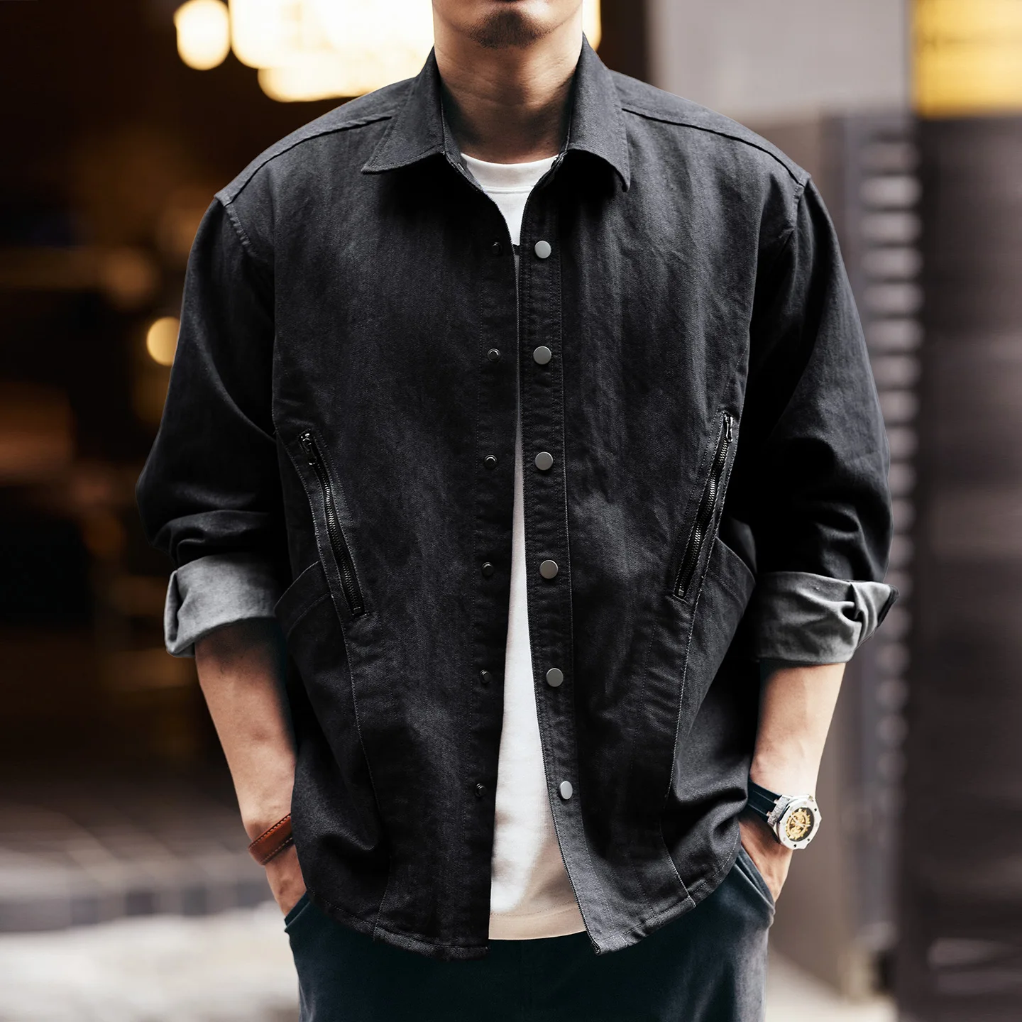 Retro high-end denim shirt men's spring and autumn new trendy workwear jacket