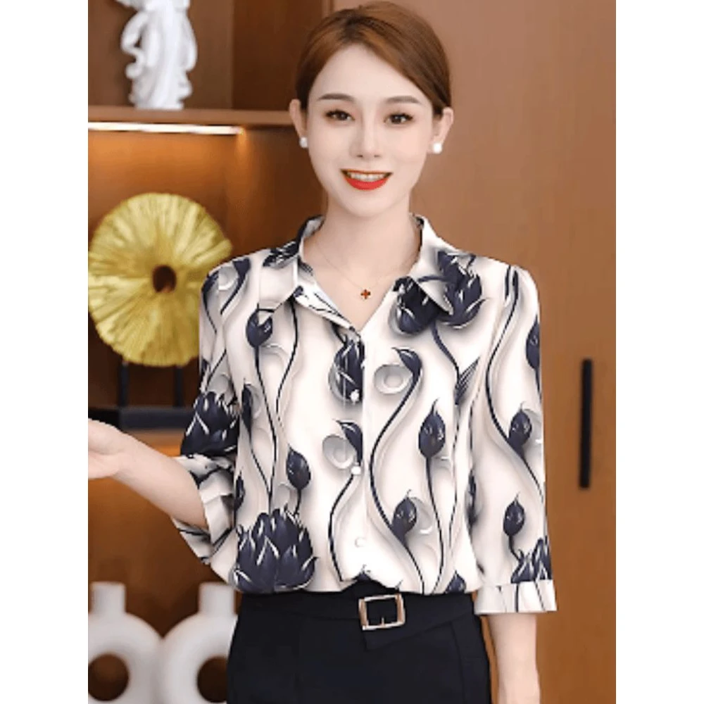 

Fall New Style Fashionable Mom Chiffon Top Loose Slimming Young Looking Seven Sleeve Base Shirt Women Korean Style Commute Wind