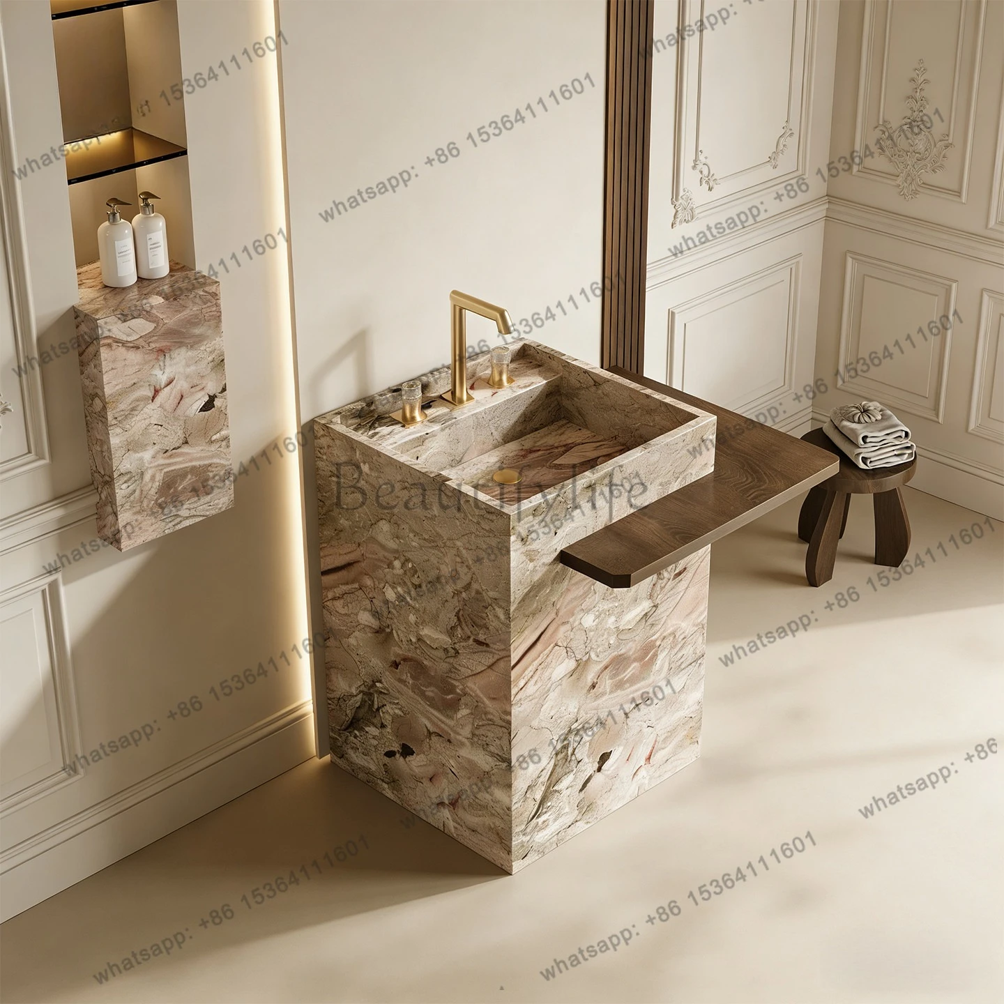 

Classical light luxury rock slab floor-to-ceiling square column wash basin extension wood grain storage board