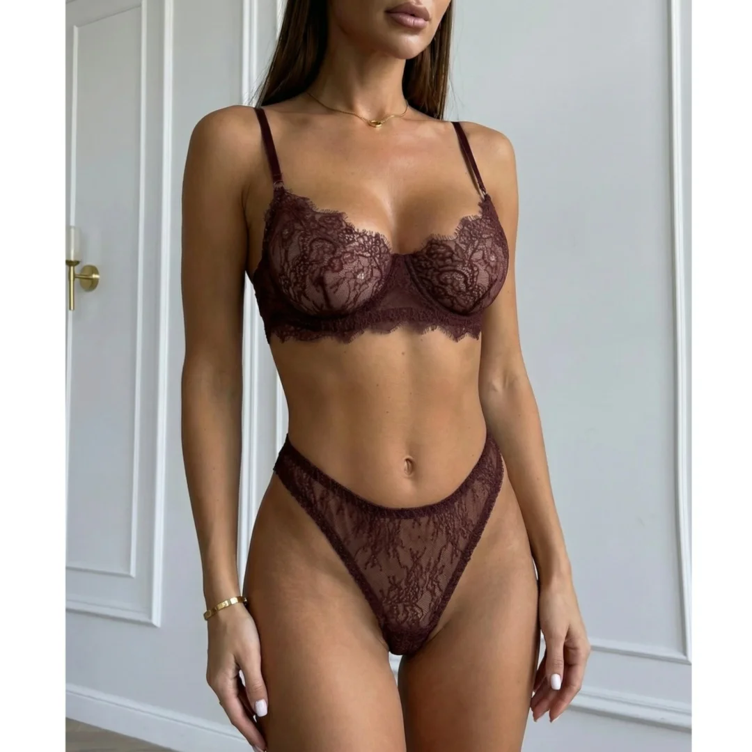 Sexy Lace Embroidered Bra Set with Sheer Design, Deep V Neck, Comfortable Fit, and Elegant Curve-Enhancing Style