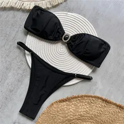 Solid Black Bandeau Bikini Micro Thong Sexy Swimsuit Women 2026 Rhinestone Swimwear High Cut Bathing Suit Bikinis Sets De Mujer