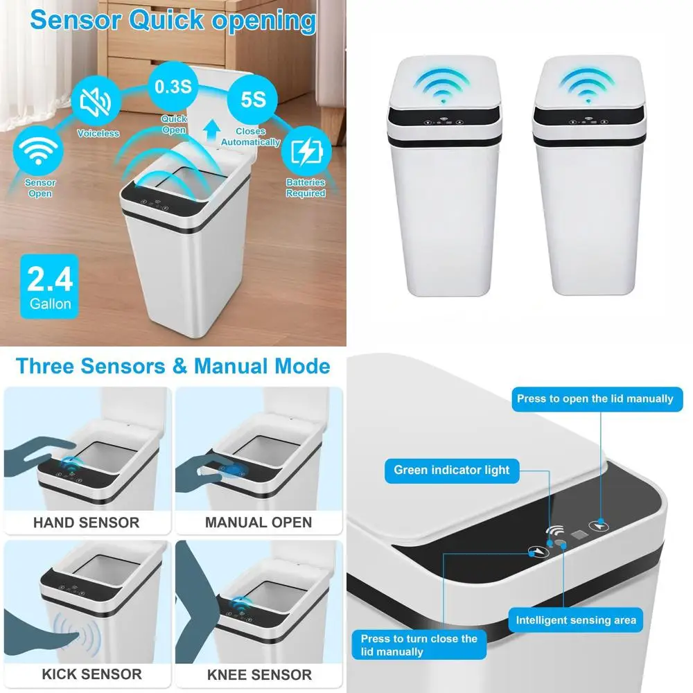

2-Pack Touchless Trash Cans, 2.4 Gallon Automatic Sensor Bins for Kitchen, Bathroom, Office, and Bedroom (White)