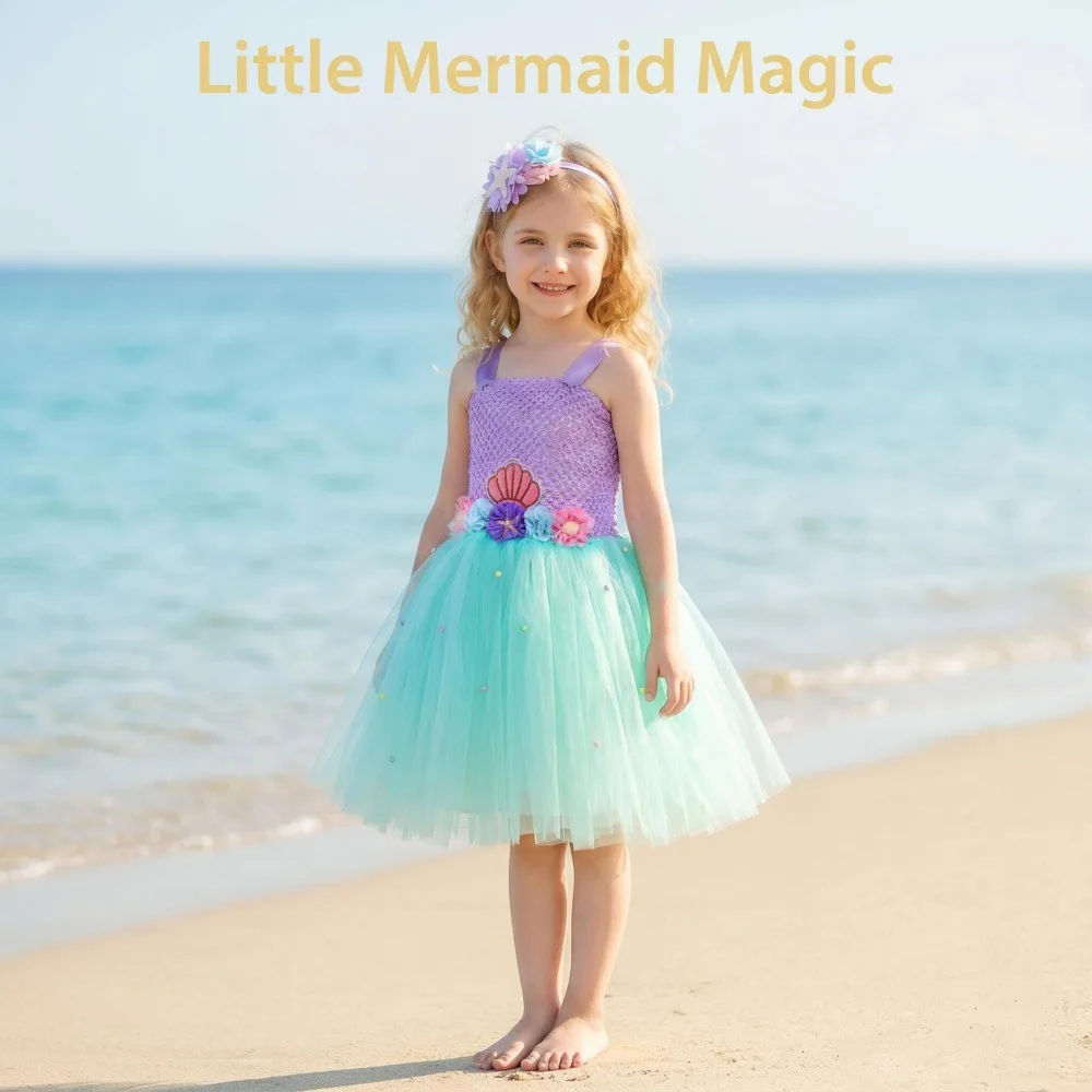 Children Colorful Mermaid Princess Dress With Headband Outfit Summer Beach Party Performance Puffy Ocean Theme Birthday Outfit