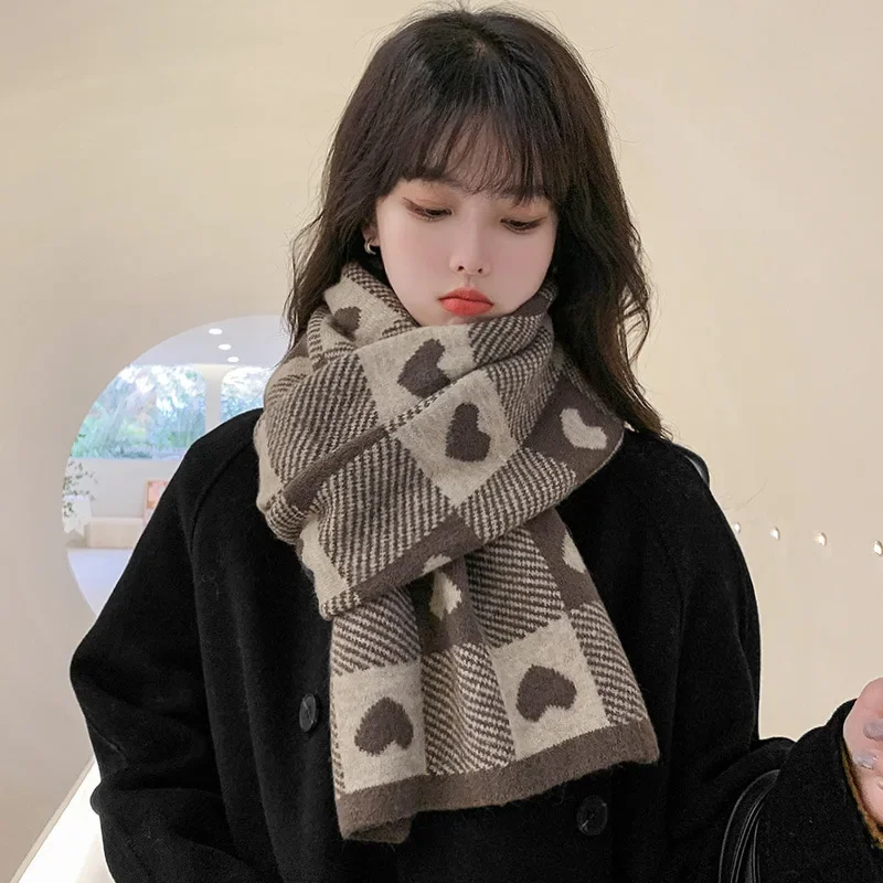 Knitted Scarf Love Heart Scarf Black White Plaid Scarf Thickened Warm Winter Women\'s Scarves Christmas New Year Gifts