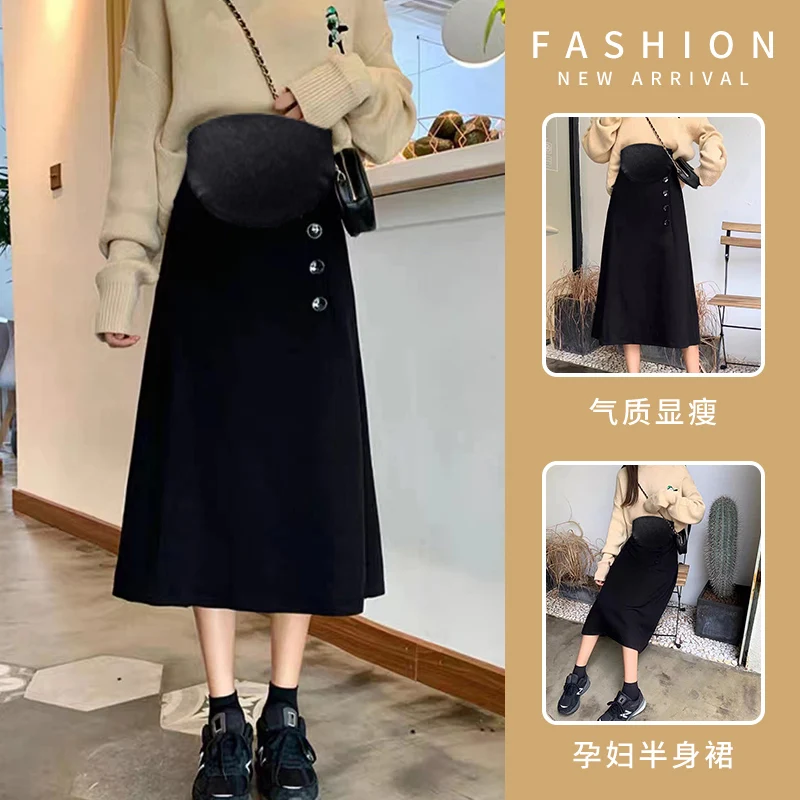 

8646# Autumn Winter Dense Maternity Pencil Skirts Elastic Waist Belly A Line Clothes for Pregnant Women Pregnancy