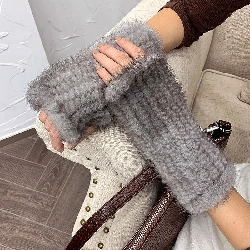 

100% Real Genuine Knitted Mink Fur Mittens Winter Warm Lady Real Fur Fingerless Gloves New Women Handmade Knit Mink Fur Mitten
