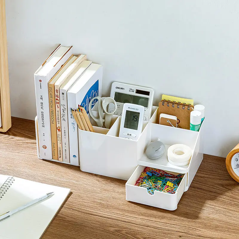 

1pc Large Capacity Desk Organizer - Pen Holder with Drawer & Bookshelf, Multi-Functional Stationery Storage for Office/School