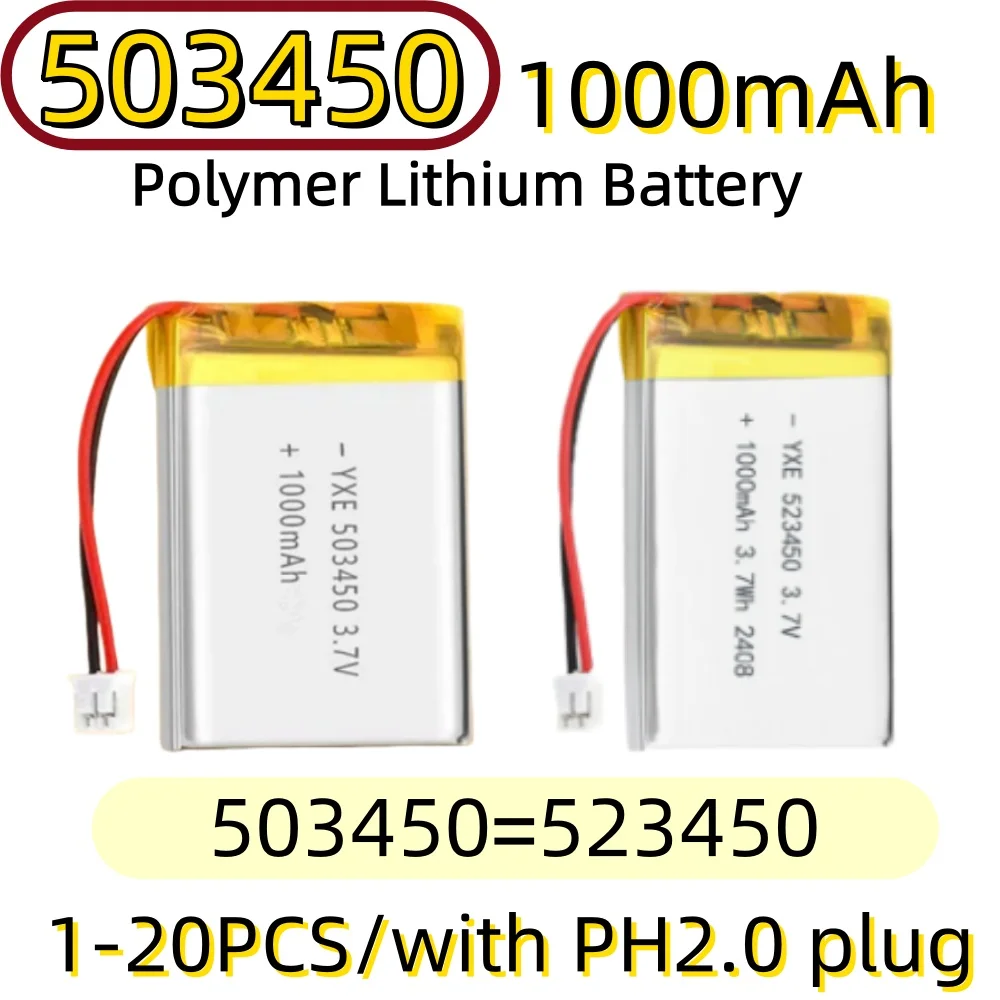 503450 3,7V 1000mAh Polymer-Lithium-Akku mit PH2.0-Stecker, hohe Kapazität für Kamera, GPS-Navigator, MP5-Headset