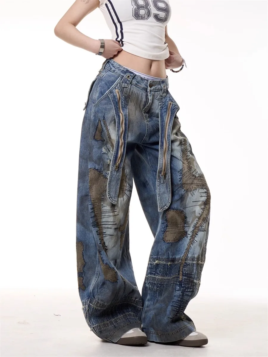 Dżinsy haftowane w stylu American Street Destruction, oversize, retro, sprane, modne, luźne, casualowe, z szerokimi nogawkami.