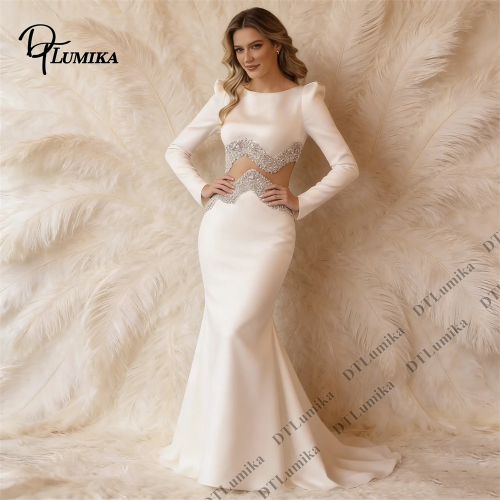 

Long Sleeve Mermaid Wedding Dress with Beaded Cutout Waist Customized Satin Long Bride Dresses Ethereal Modern Bridal Gown