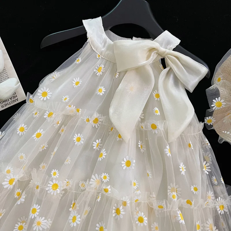 2025Summer New Style Sleeveless Daisy Mesh Solid Color Dress for Girls0049