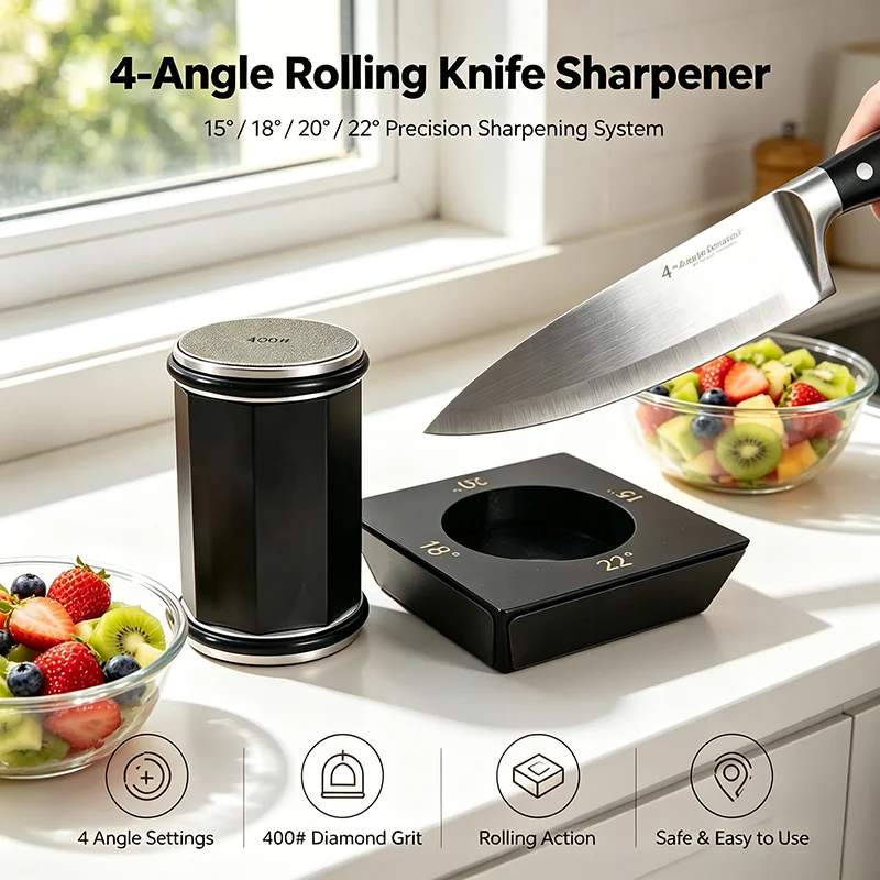 New Professional Octagonal Roller Knife Sharpener 4-Angle 15/18/20/22° Diamond Grinder Wooden Base With Magnet For Kitchen Knife