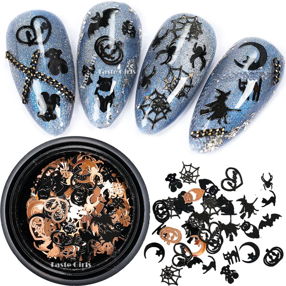 1Jar Mix 12 Shapes Halloween Black Pumpkin Face Witch Spider Net Black Cat Bat Metal Nail Art Sequins Decorations Manicure Slice