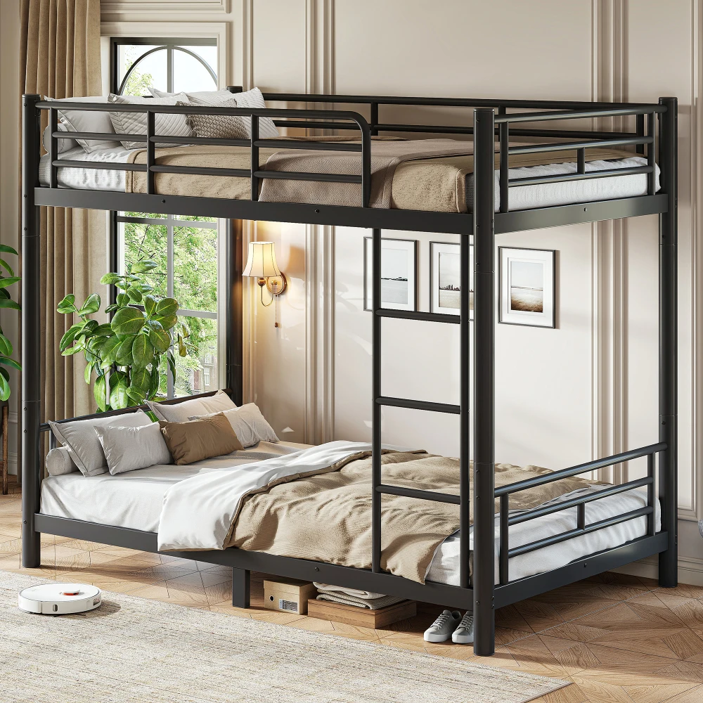 Black Twin XL Over Twin XL Metal Bunk Bed with Round Tube Frame, Separates Into Two Independent Twin XL Beds, Noise Reduced Construction, Space Saving Design for Teens Adults, No Box Spring Needed, Sturdy Bedroom Bunk Bed Frame