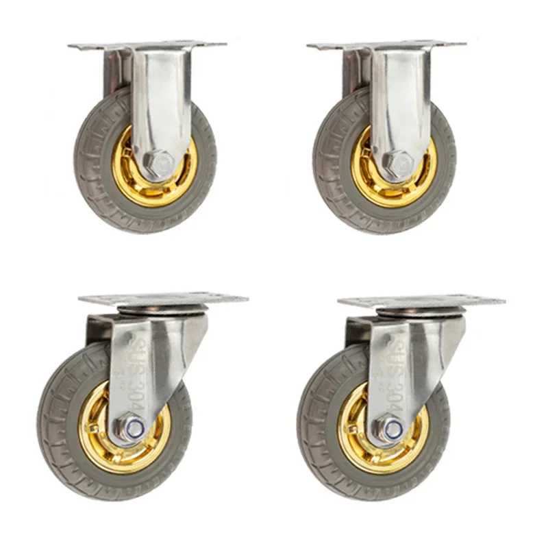 4pcs-of-set-5inch-top-plate-or-theaded-stem-rigid-seivel-brake-casters-elastic-rubber-with-double-bearing-silent-mute-wheel