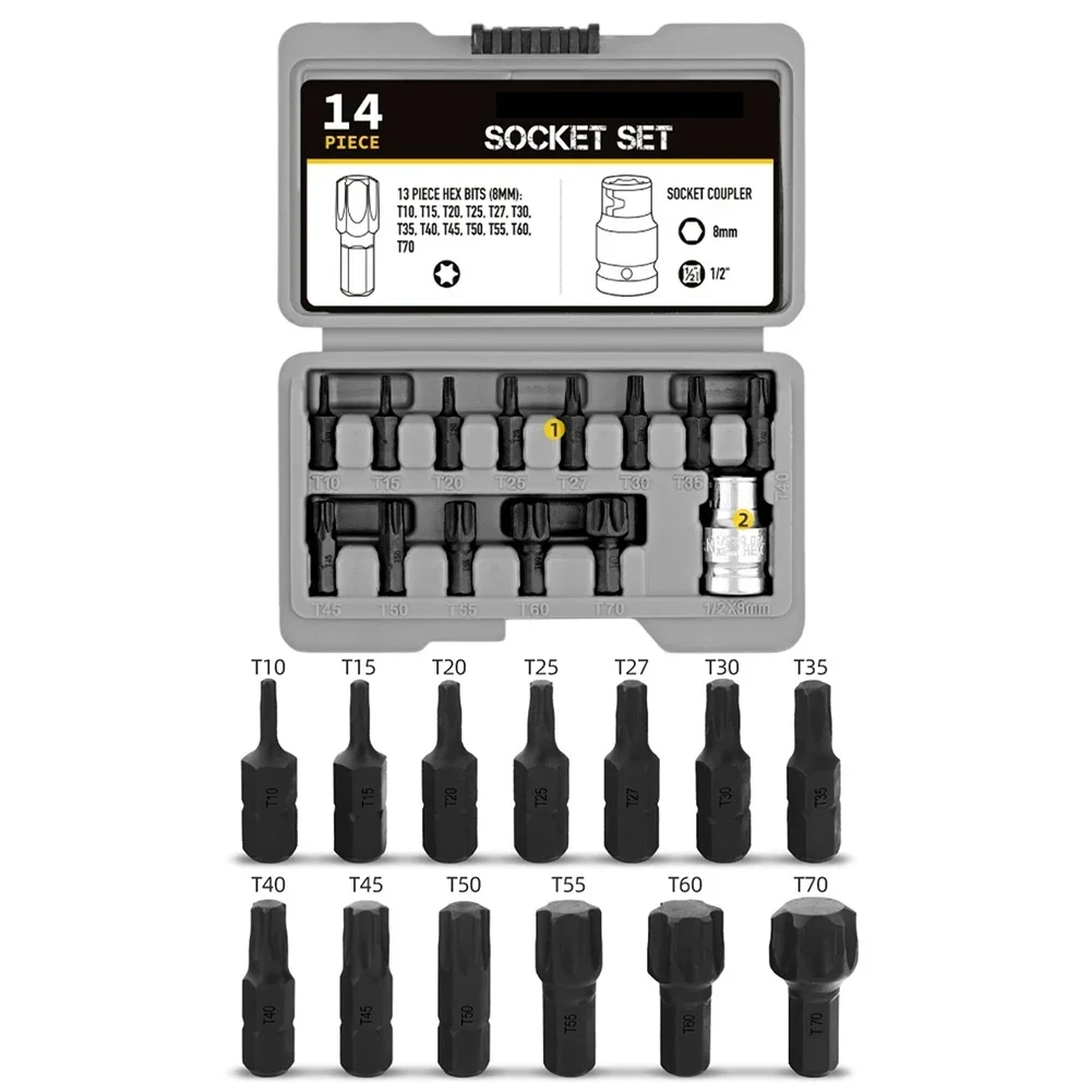 Para trabalho mecânico vanádio aço 1 2 Polegada unidade para uso doméstico T10-T70 14 pçs para torx bit soquete conjunto chave de fenda