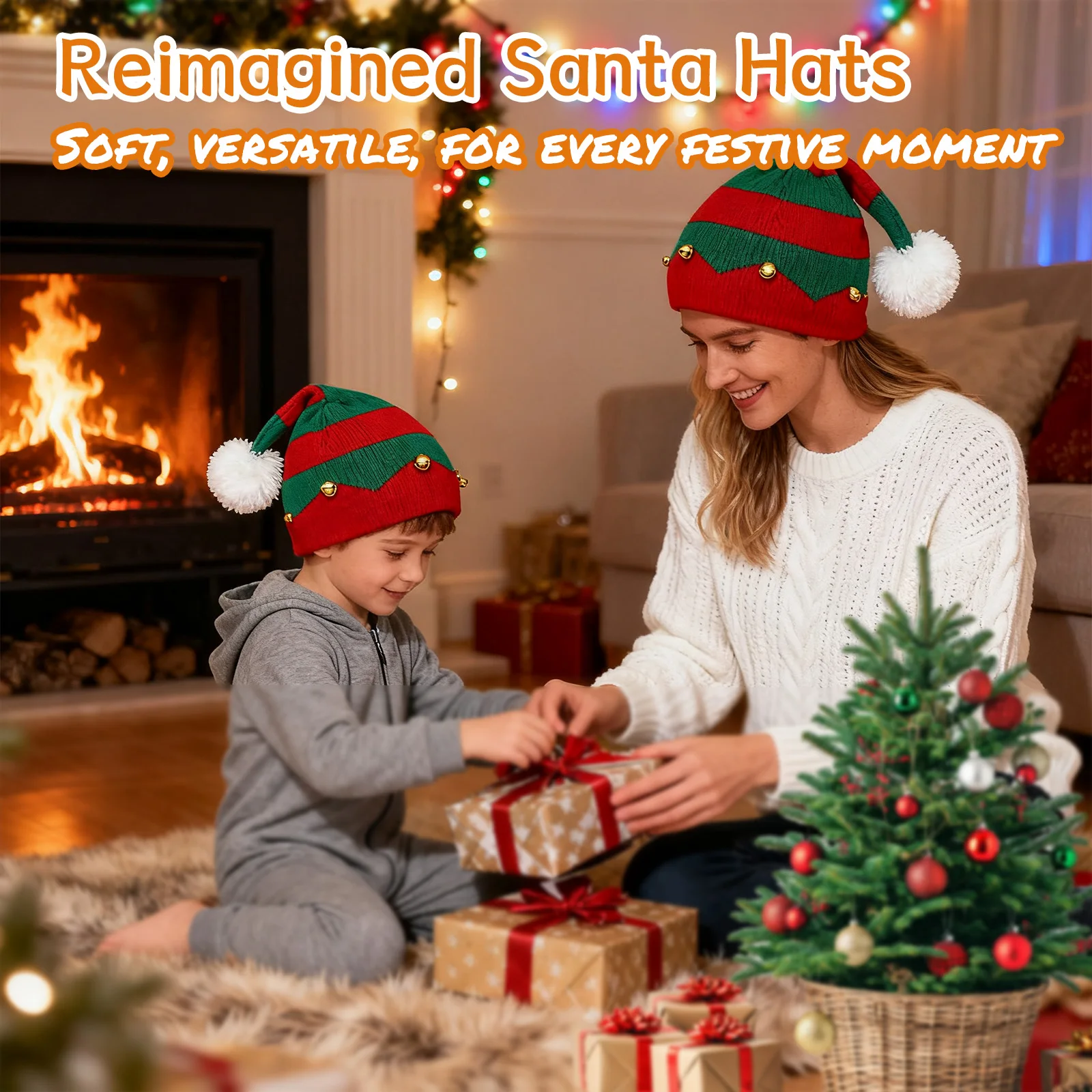 Weihnachtsmütze mit Glocke für Eltern und Kinder, warme Winter-Strickmütze für Heiraten, Weihnachten, Neujahr, Weihnachtsfeier, festliche Ornament-Mütze