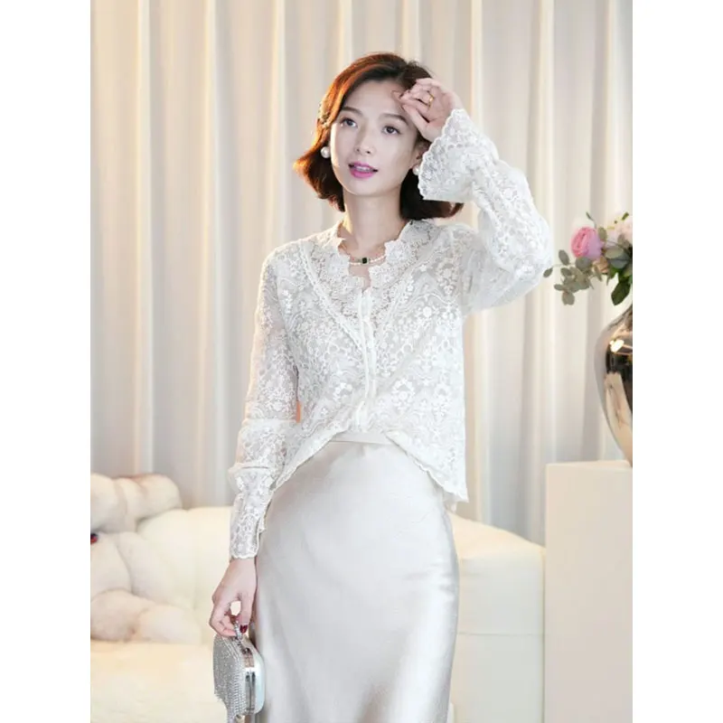 엘레 롱 슬리브 레이스 캐주얼 브이넥 홀로우 아웃 여성 탑 레이스 트림 루즈핏 가을용