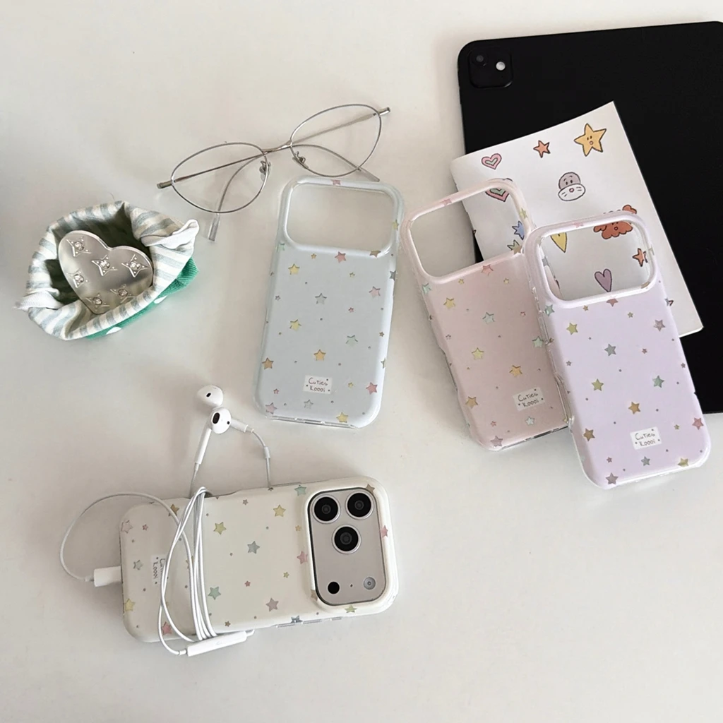4 Colors Rounded Edge Full Screen Colorful Star Pattern Shockproof Protective Phone Cover Case for IPhone 18 17 16 15 14 Pro Max