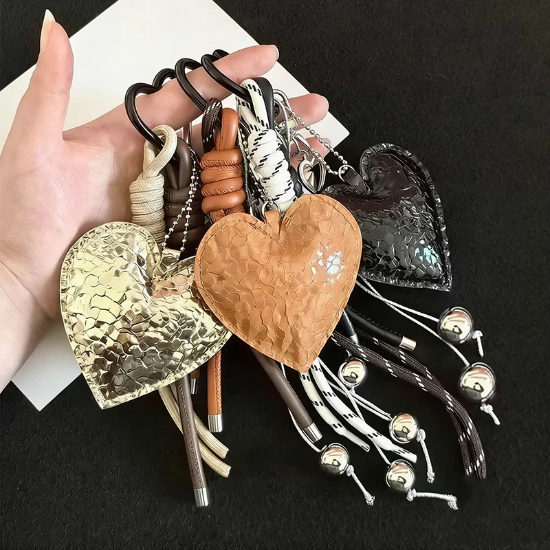 Leather Braided Rope Car Keyrings Hanging Anti-Lost Lovely Heart Key Chain Ins Woven Rope Handmade Heart Keychain