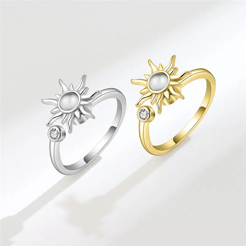 Luxury Rose Flower Rotating Anxiety Ring For Women Spinner Fidgets Heart Charm Adjustable Open Rings Star Moon Bague Anti Stress image 4