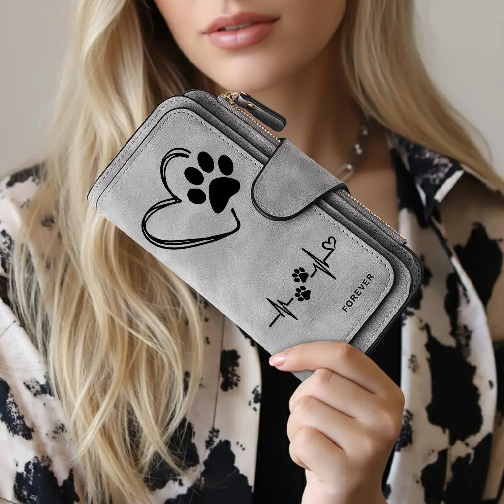 Heart-Shaped Paw Print Wallet Women Long Zipper Buckle Handbag Coin Purse PU Leather Multi-Card Holder Large Capacity Bag Gift