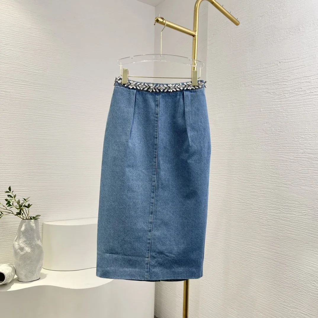 

Cotton 2025 High Quality Blue Long Sleeve Diamonds Denim Jacket Tops and Diamonds Skirt Set