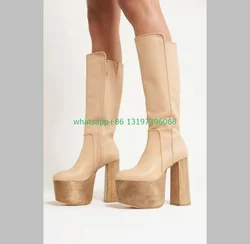 Lady nude PU cowboy platform knee boots summer runway chunky heel boots daily new arrive boots sexy party dance boots size 35-46