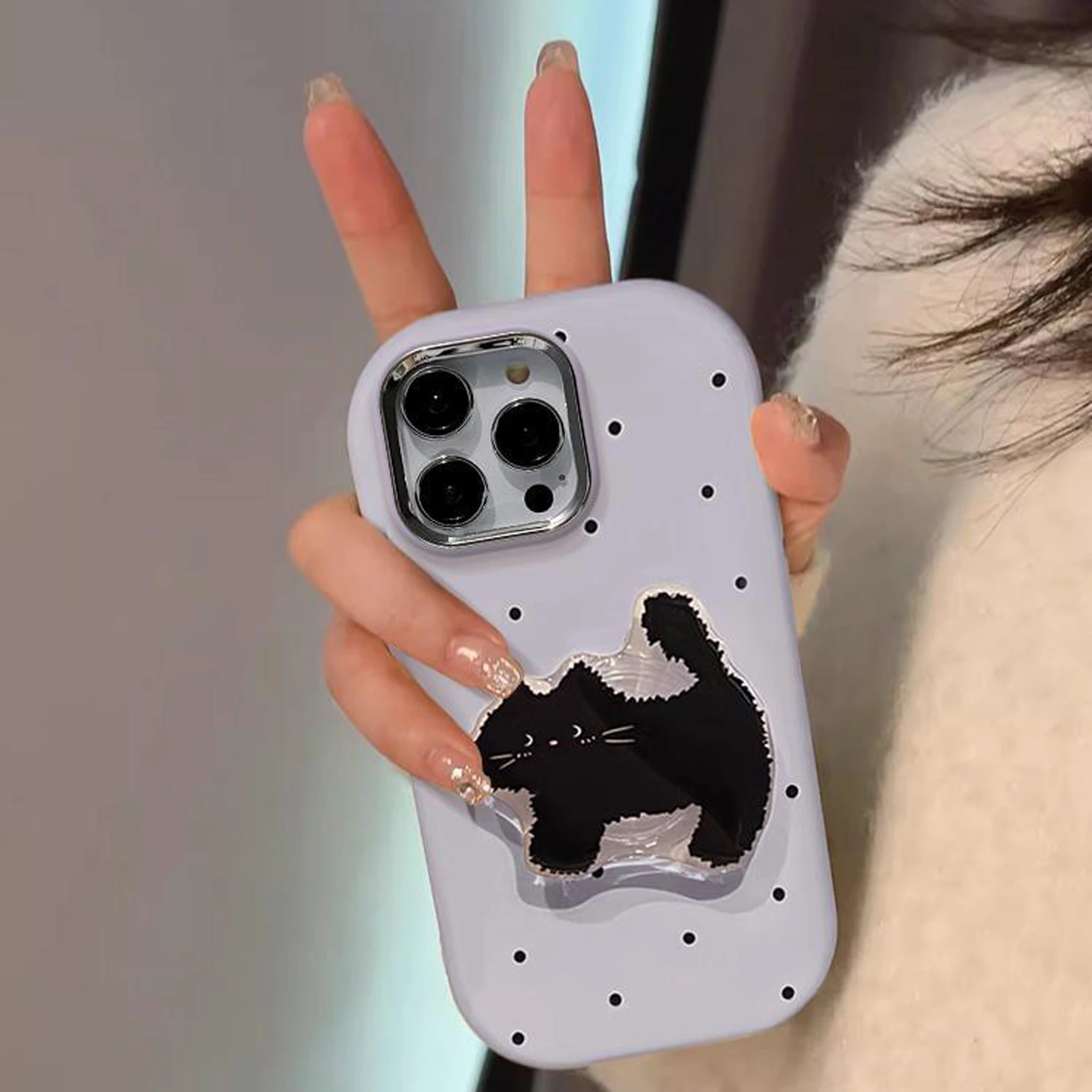 Cute Polka Dot TPU Phone Case With Cat holder For iPhone 15 14 13 12 11 Pro Max Drop Resistant Cartoon Phone Case