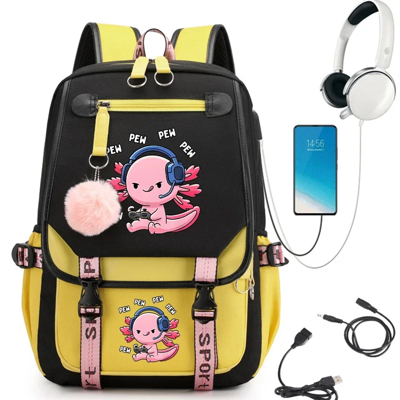 Kawaii for Teenager Girls Axolotl Play Games Anime Cartoon Back To School Backpack Schoolbag