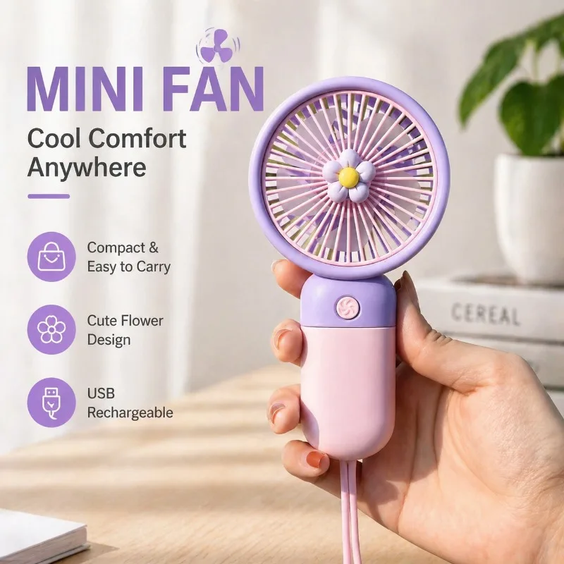

New Floral Mini Handheld Fan Portable Pocket Rechargeable Cooling Tool Student Gift Outdoor Travel Usb Charging Handheld Fan