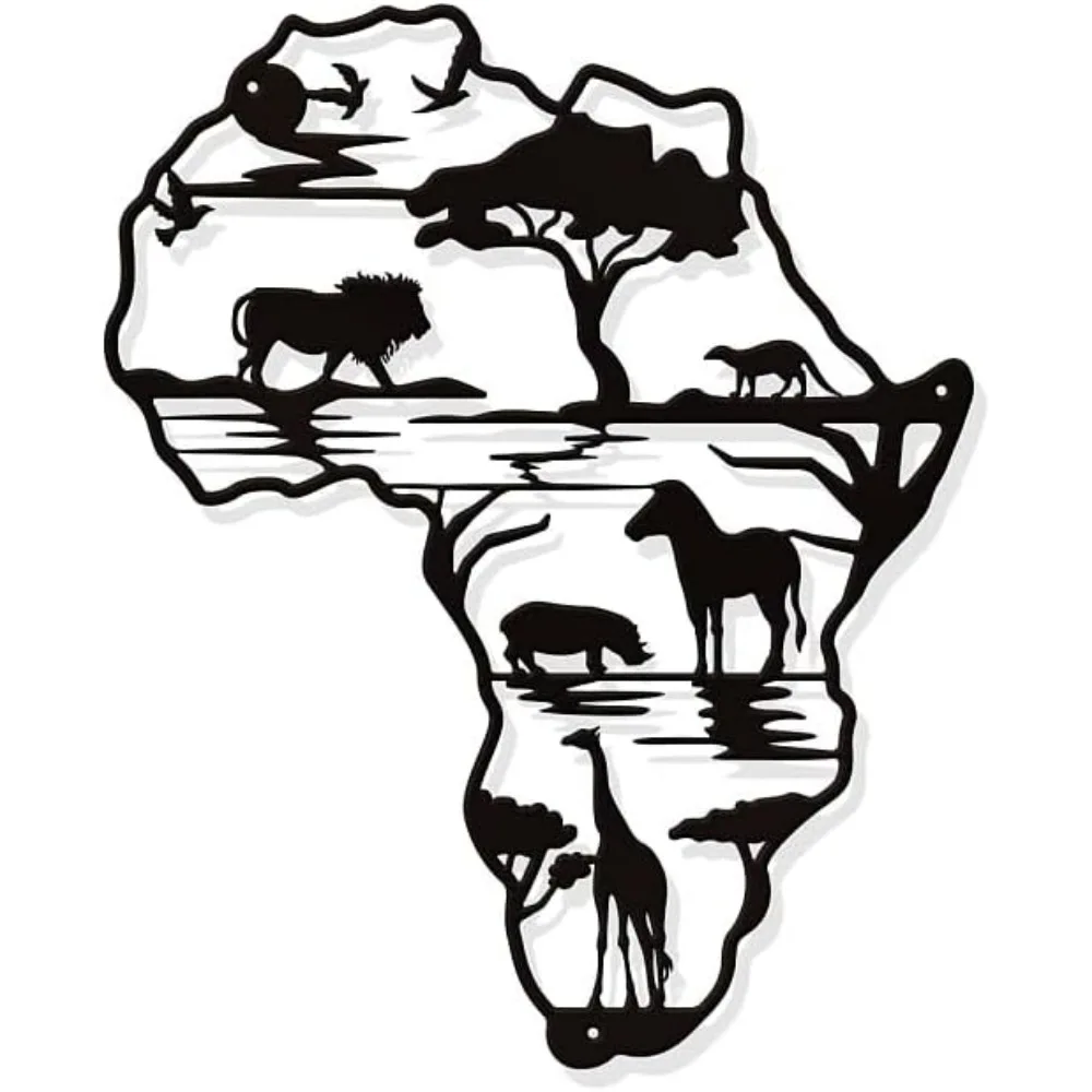 Africa Map with Animals Metal Wall Art Decor Black Africa Map Wall Hanging Decor Africa Animals Wall Art Cutout Sign