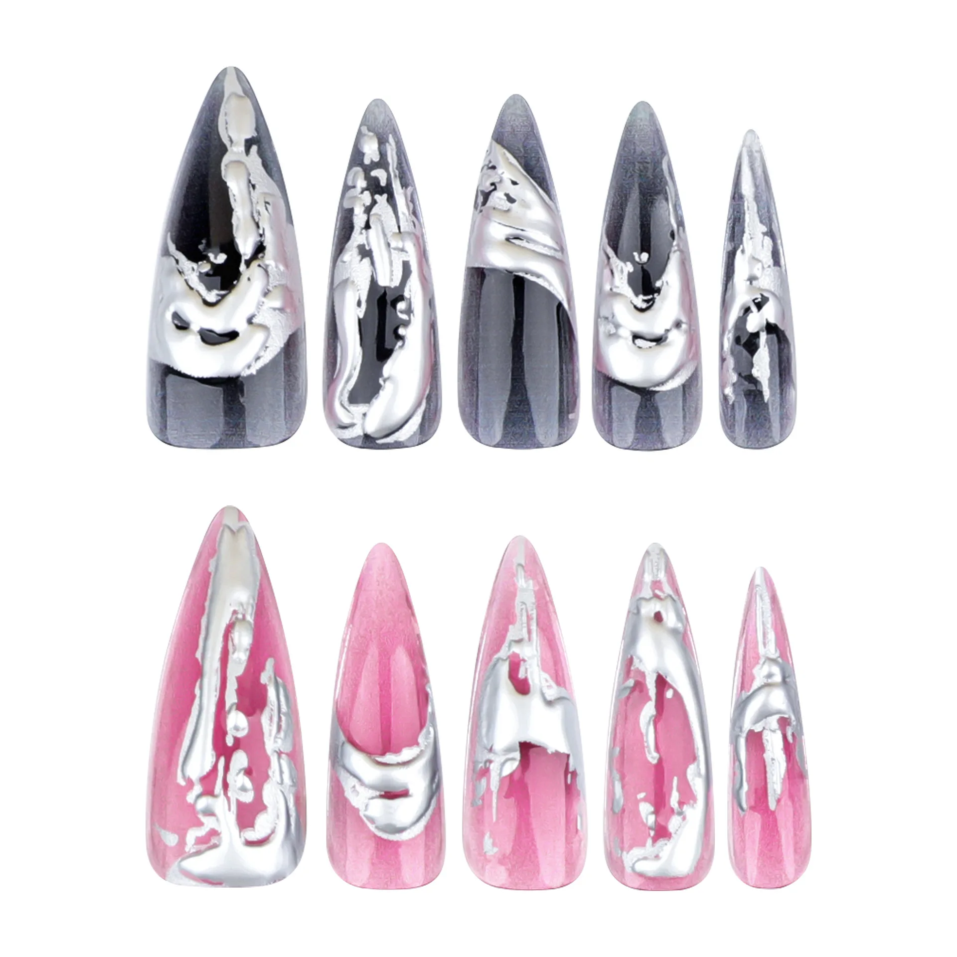 24PCS Stiletto 3D Silver False Nails Cool y2k Nails Black Gradient Fake Nails Charms Designs Finished Long Almond Press On Nails