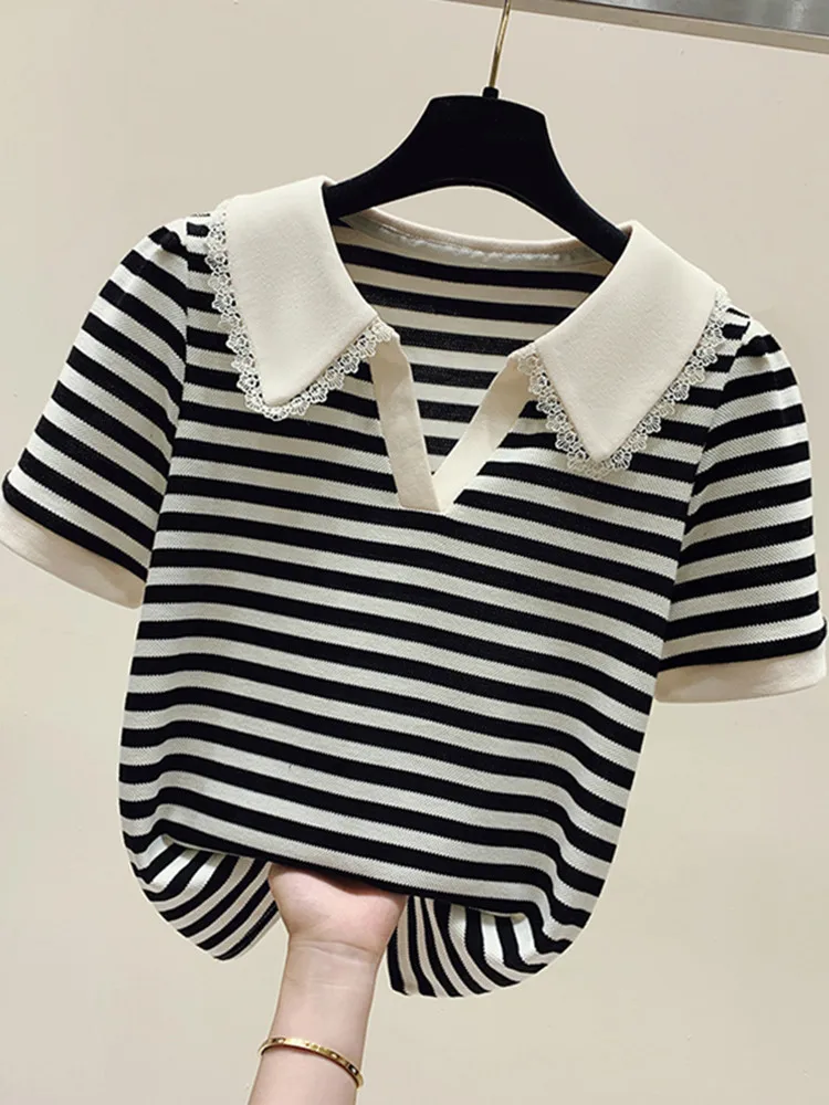 Striped Turn-down Collar T-shirt Women\'s 2024 Summer New V-neck Short Sleeved Loose Fashion Pure Cotton Versatile Short Top