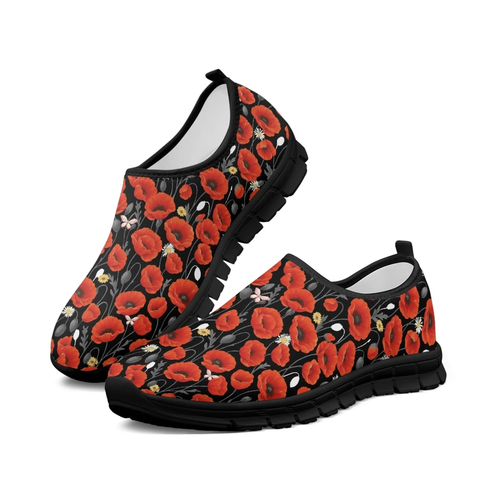 

Кроссовки для спортзала с красным цветком и цветочной сеткой, женские лоферы, женские кроссовки, большие размеры, без шнуровки на плоской подошве, спортивная повседневная обувь для бега